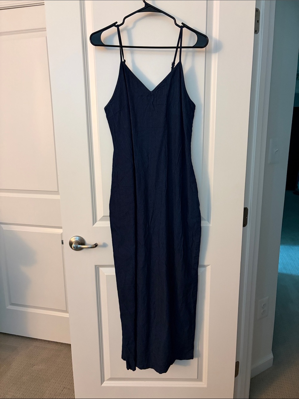 Women's Navy Denim Slip Maxi Dress - Classic V-Neck Spaghetti Strap